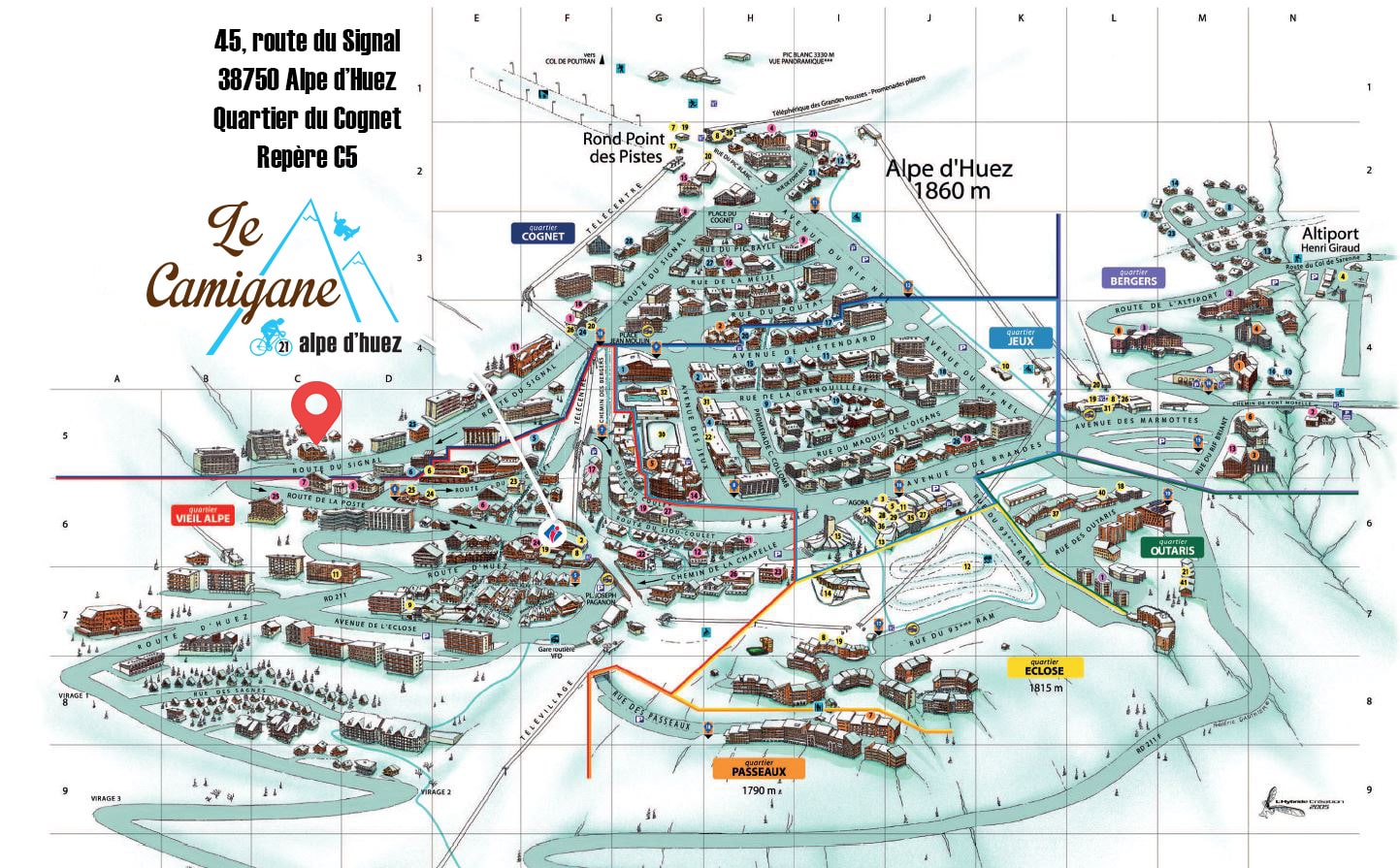 Plan de la station de l'Alpe d'Huez par quartier